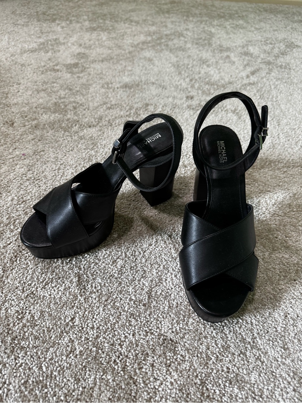 Michael Kors Alexia Black Leather Crisscross Block Heel Sandals